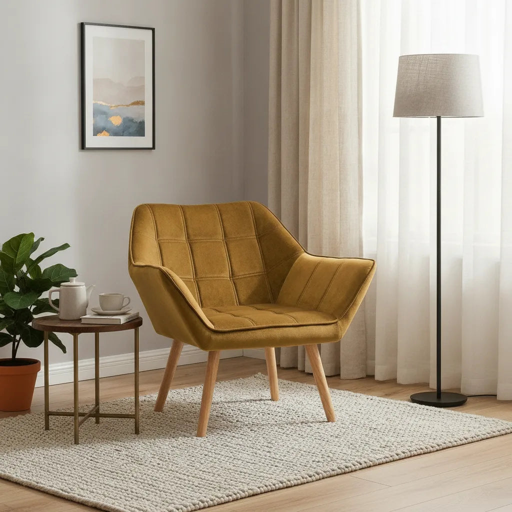 Fauteuil style scandinave en velours jaune moutarde près d'un lampadaire