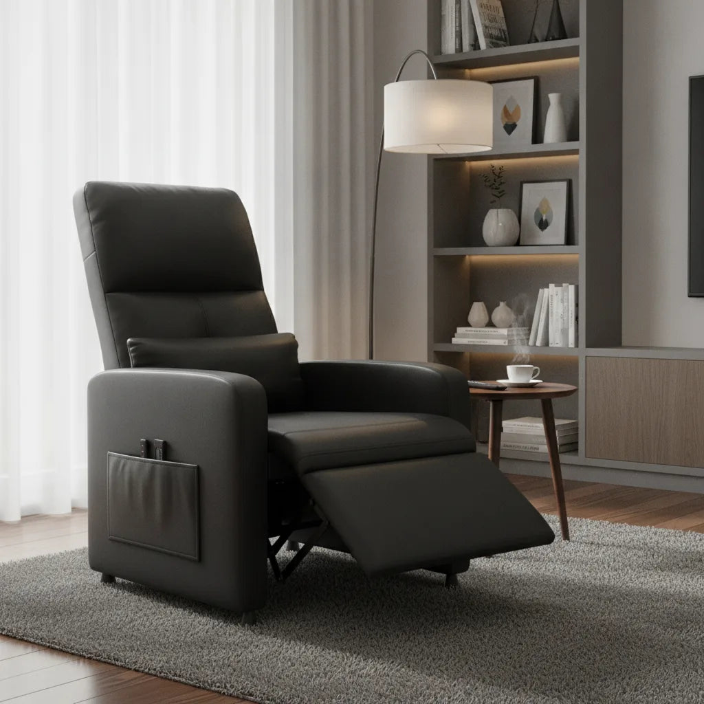 Fauteuil relax chauffant massant Saint-Lunaire noir avec repose-jambes déployé