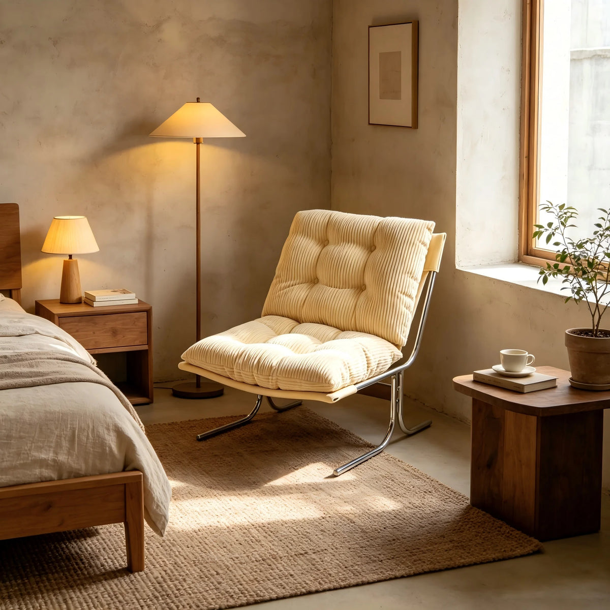 Fauteuil pied chrome Morlaix en tissu beige lin dans une chambre