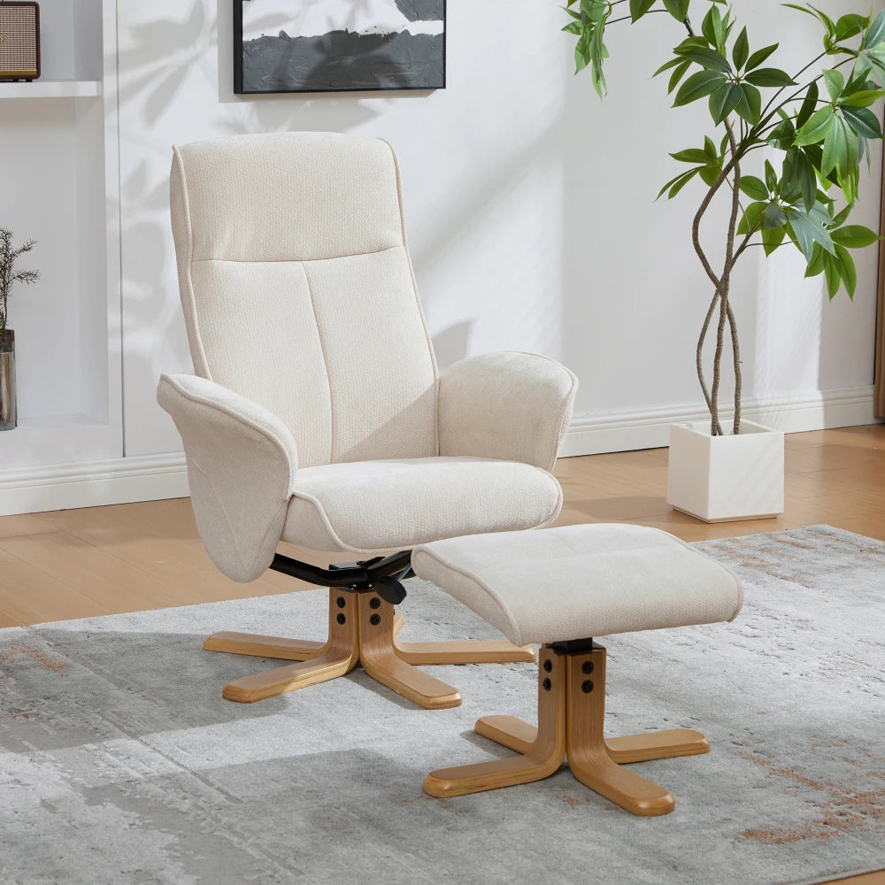 Fauteuil scandinave coloris Beige Lin avec repose-pieds et pied en bois