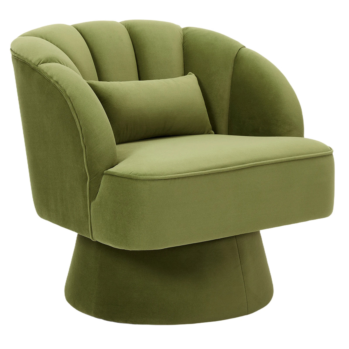 Fauteuil salon velours pivotant coloris Vert Olive avec coussin assorti