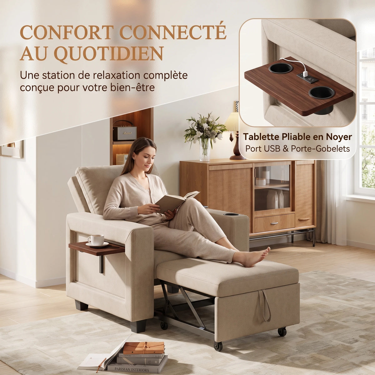 Fauteuil salon haut de gamme avec tablette pliable, port USB et porte-gobelets
