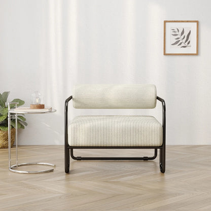 Fauteuil beige velours côtelé vu de face, coussin-dossier rond