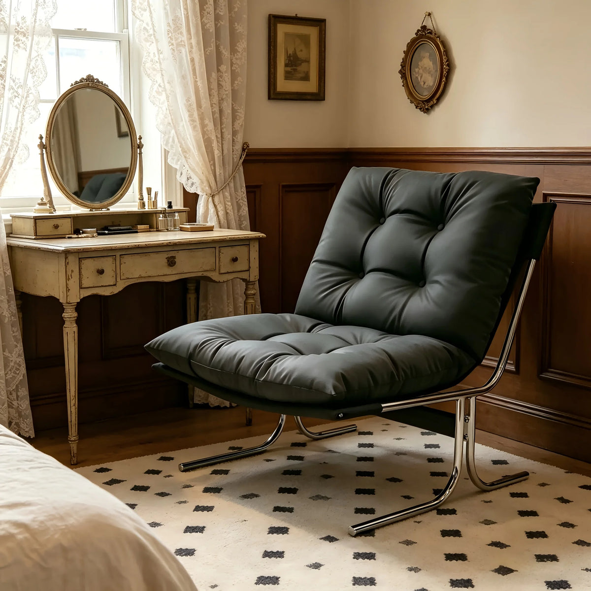 Fauteuil pied chrome Morlaix en simili cuir noir dans une chambre