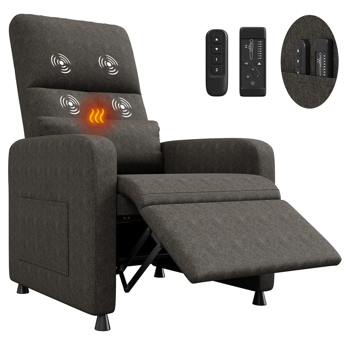 Fauteuil relax chauffant massant Saint-Lunaire marron chocolat avec repose-jambes déployé