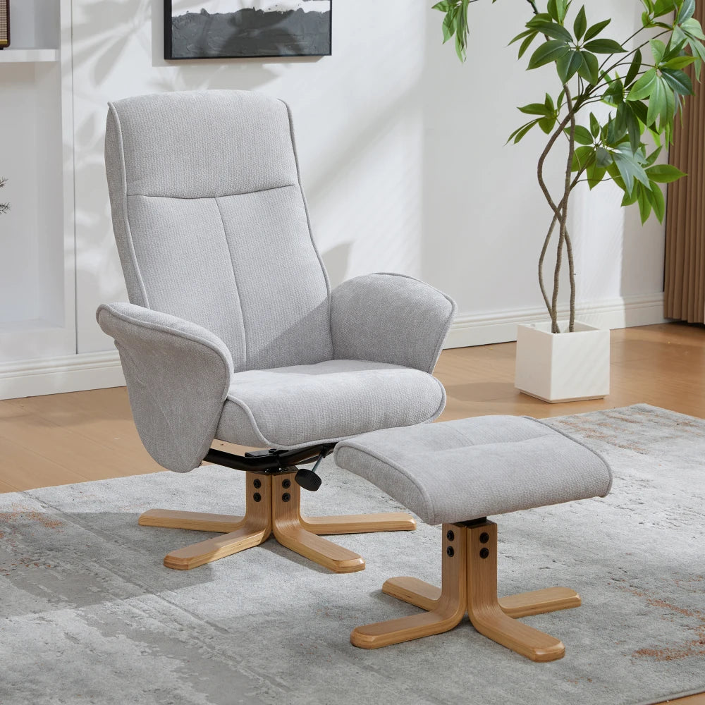 Fauteuil scandinave coloris Gris Perle avec repose-pieds et pied en bois