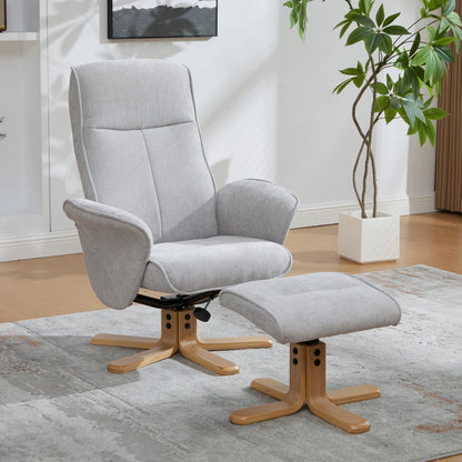 Fauteuil scandinave coloris Gris Perle avec repose-pieds et pied en bois