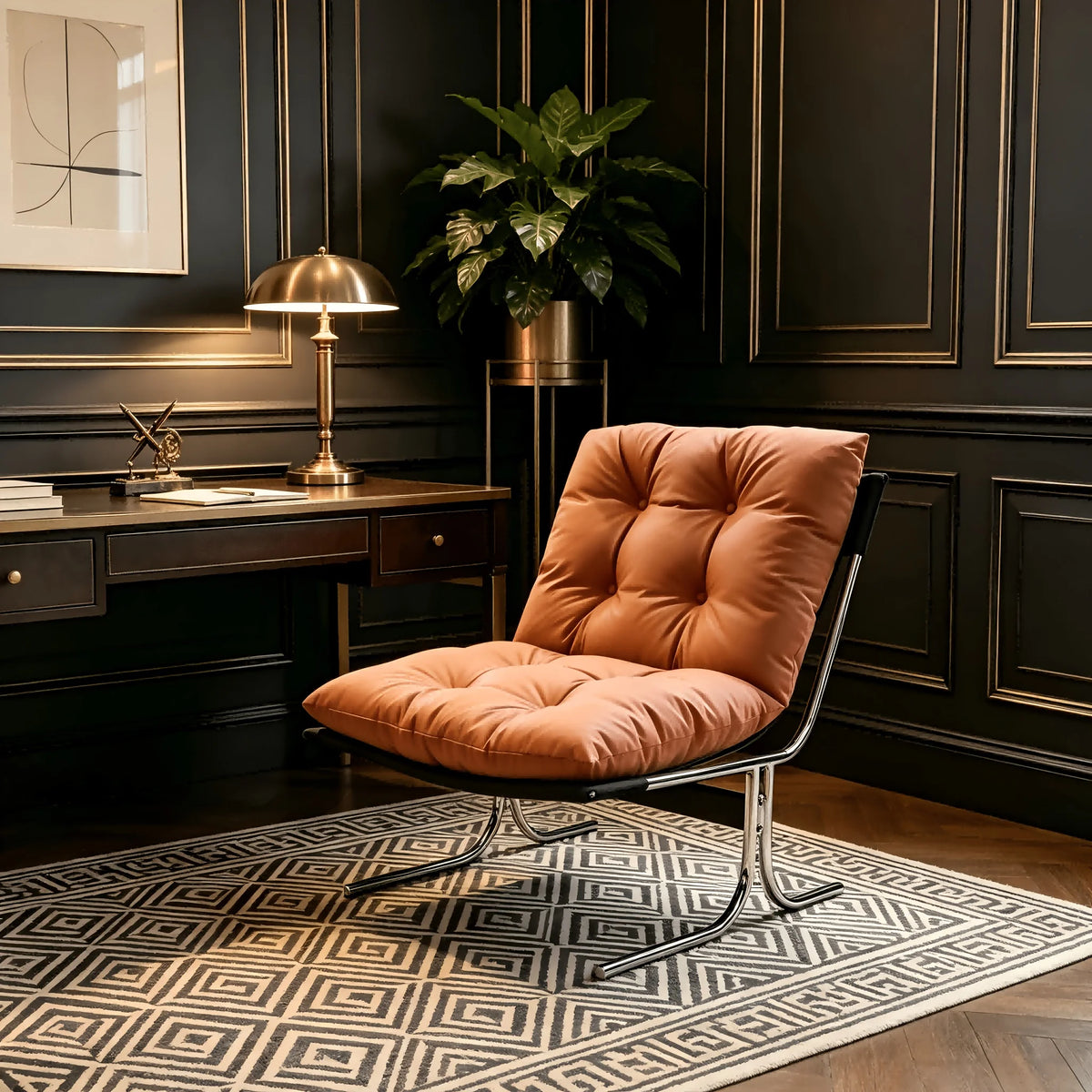 Fauteuil pied chrome Morlaix en simili cuir marron cognac dans un bureau