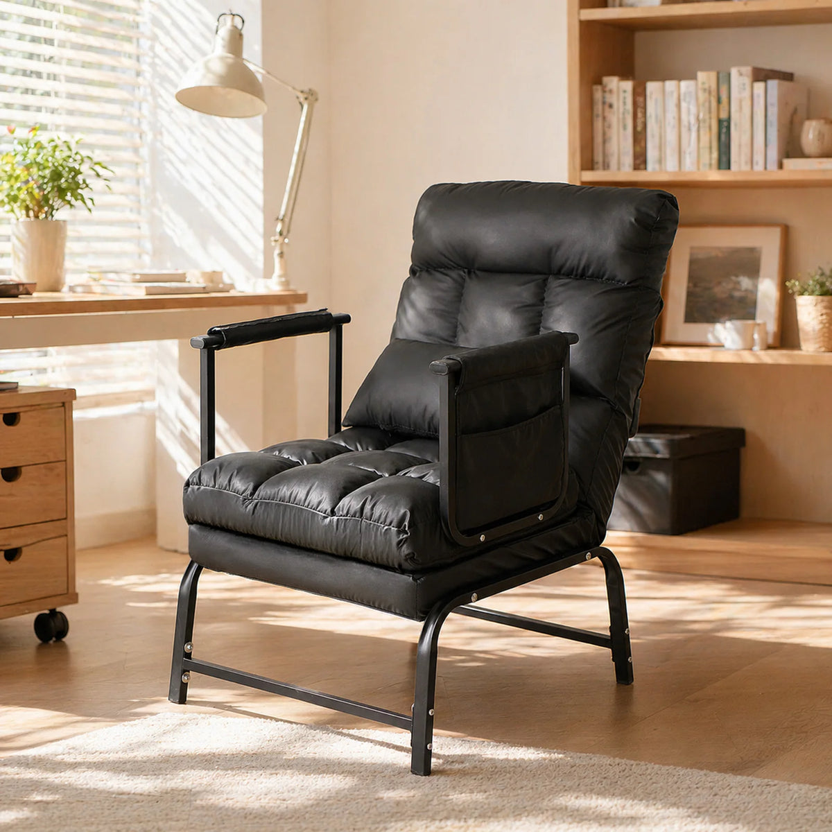 Fauteuil-lit convertible 1 place noir aspect cuir dans un bureau lumineux