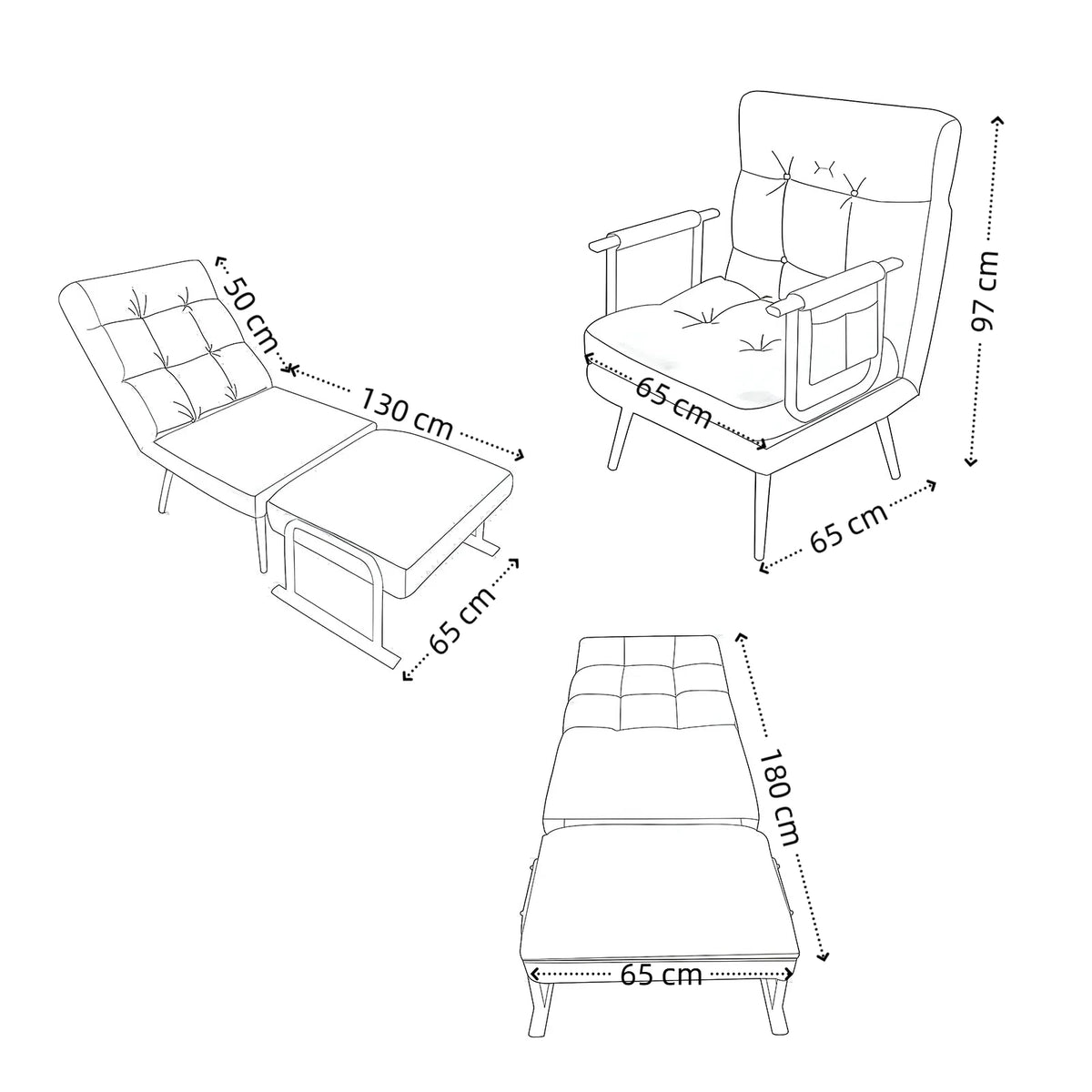 Dimensions du fauteuil-lit convertible 1 place en fauteuil, chaise longue et lit