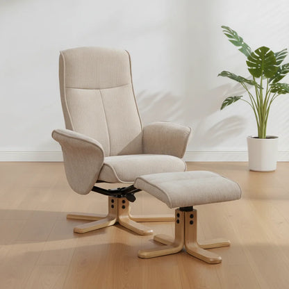 Fauteuil scandinave beige pivotant avec repose-pieds et pied en bois