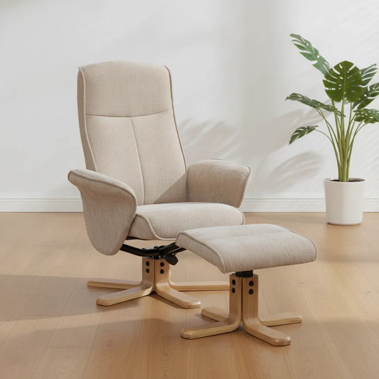 Fauteuil scandinave beige pivotant avec repose-pieds et pied en bois