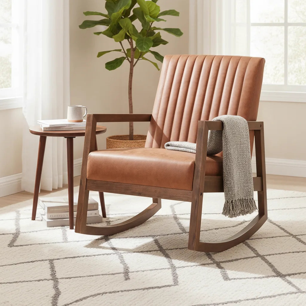 Rocking chair cuir Pornic cognac avec plaid dans un salon lumineux