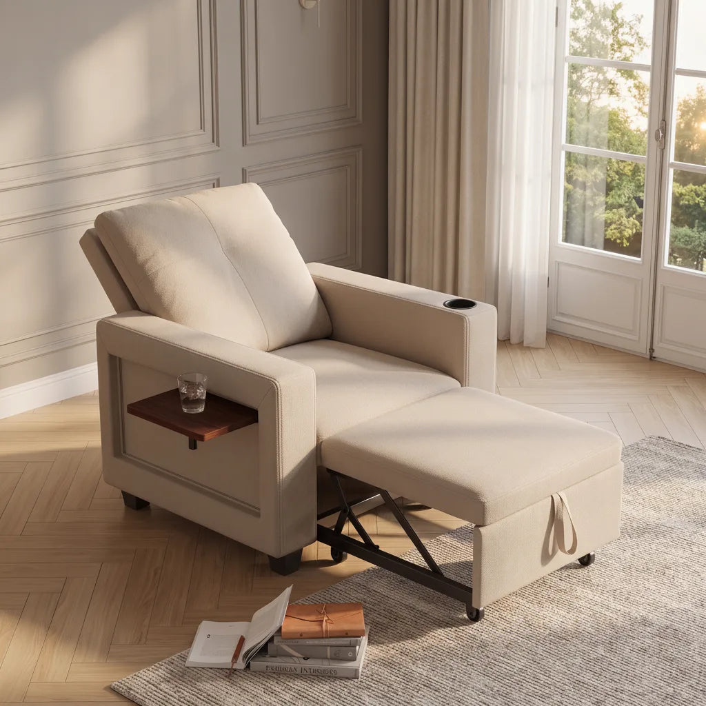Fauteuil salon haut de gamme en velours beige convertible dans un salon lumineux