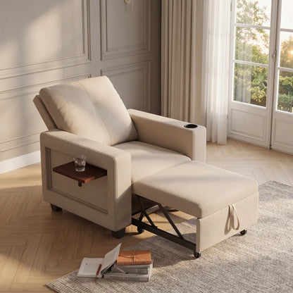 Fauteuil salon haut de gamme en velours beige convertible dans un salon lumineux