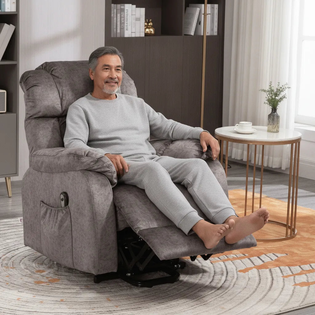 Fauteuil relax électrique tissu Quiberon allongé avec repose-pieds déployé dans un salon