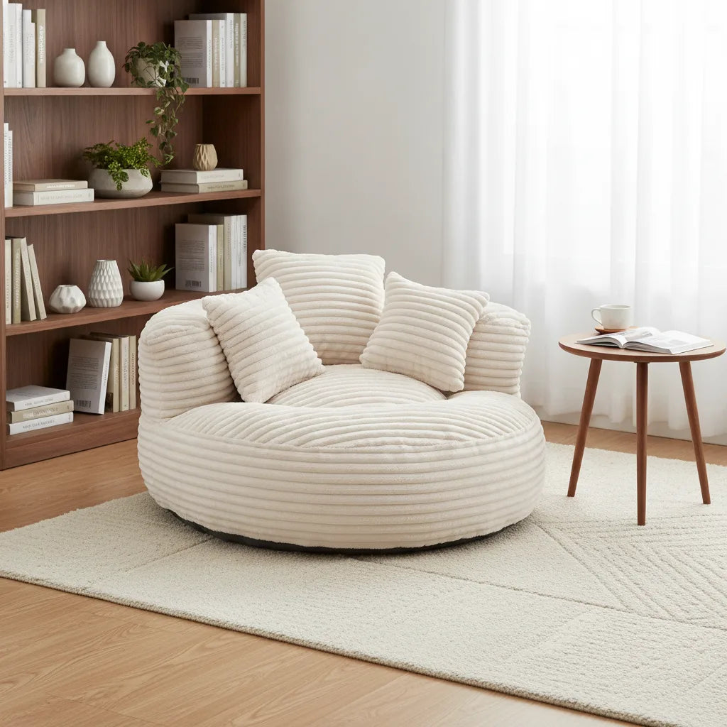Fauteuil paresseux en velours côtelé beige lin avec 3 coussins dans un salon