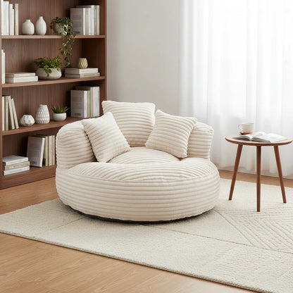 Fauteuil paresseux en velours côtelé beige lin avec 3 coussins dans un salon