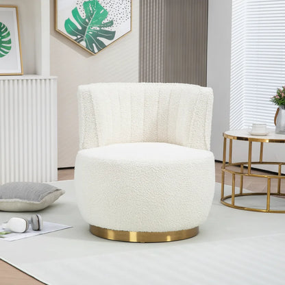 Fauteuil pivotant velours Blanc Ivoire en bouclette avec socle doré