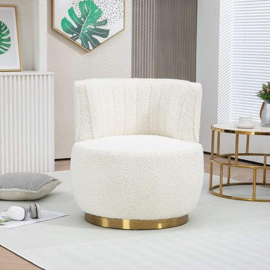 Fauteuil pivotant velours Blanc Ivoire en bouclette avec socle doré