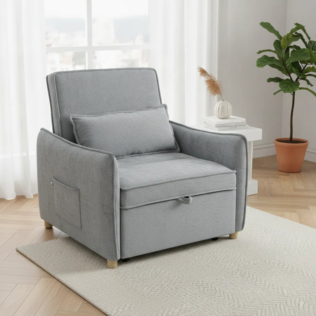 Fauteuil en chenille grise convertible avec oreiller dans un salon lumineux