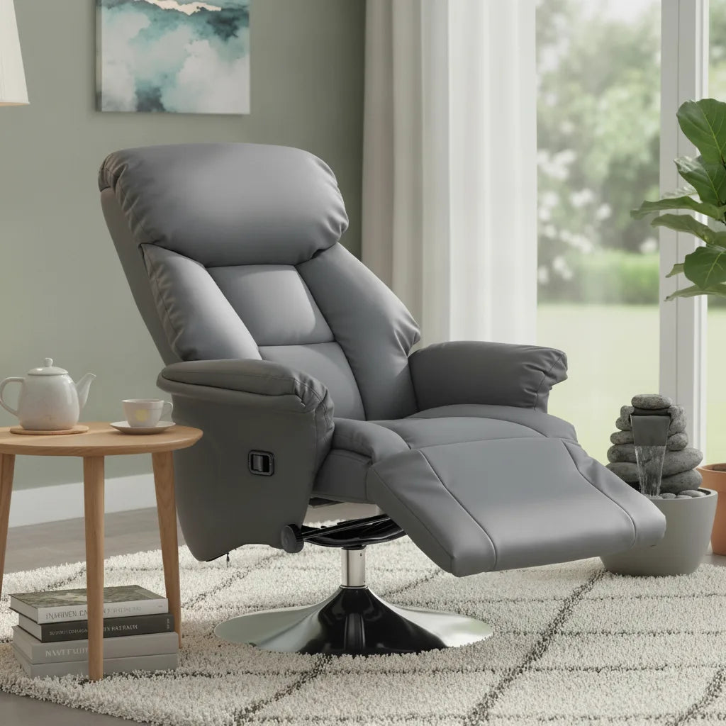 Fauteuil pivotant relax gris en simili cuir incliné avec repose-pieds dans un salon lumineux