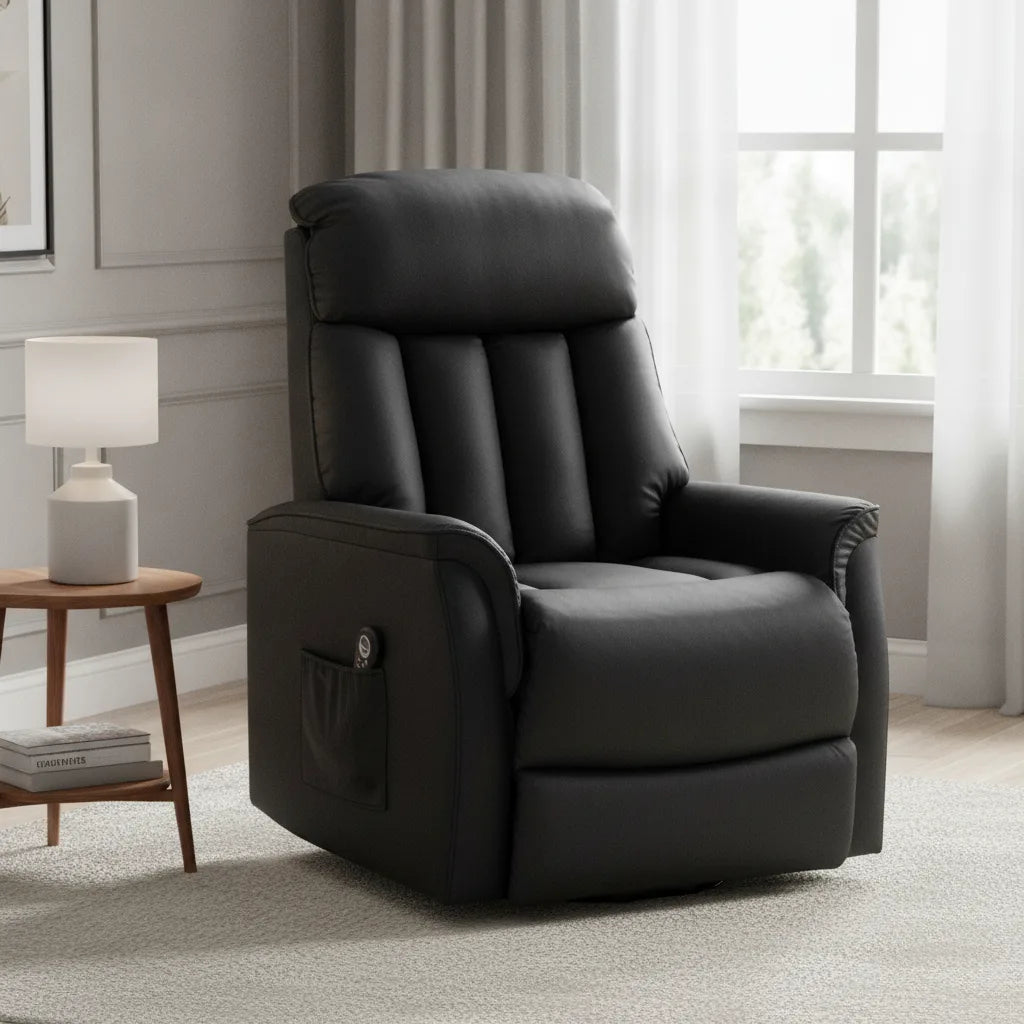 Fauteuil releveur cuir Étel noir dans un salon près d'une fenêtre