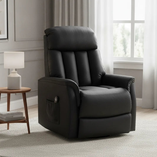 Fauteuil releveur cuir Étel noir dans un salon près d'une fenêtre