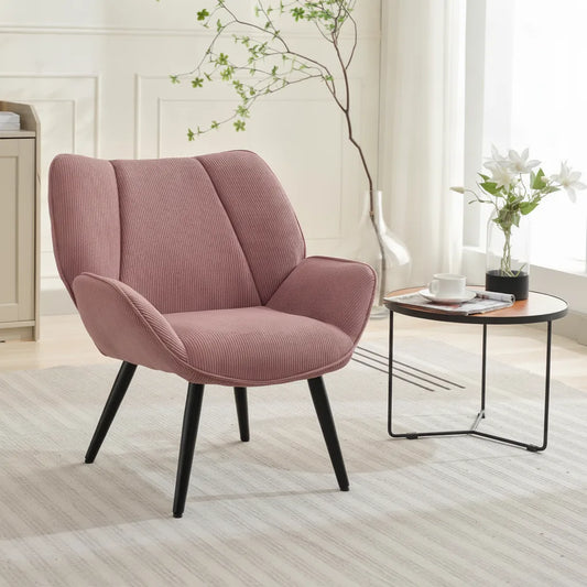 Fauteuil club moderne en velours côtelé Rose Poudré avec pieds en métal noir