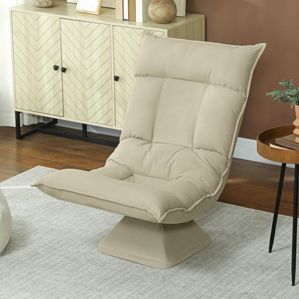 Fauteuil de sol pivotant beige lin dans un salon lumineux