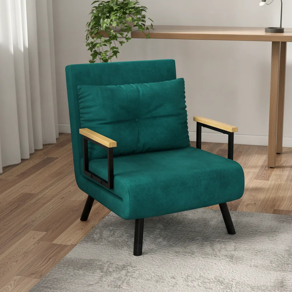 Fauteuil convertible réglable bleu canard avec oreiller dans un salon