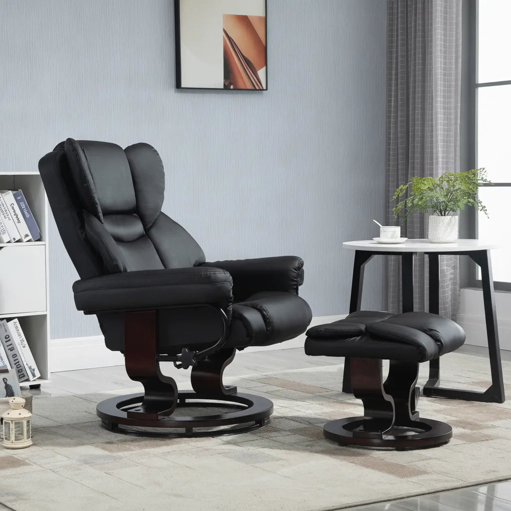 Fauteuil relax cuir moderne noir pivotant avec repose-pieds dans un salon