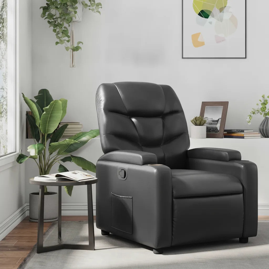 Fauteuil relax inclinable manuel en simili cuir noir dans un salon lumineux