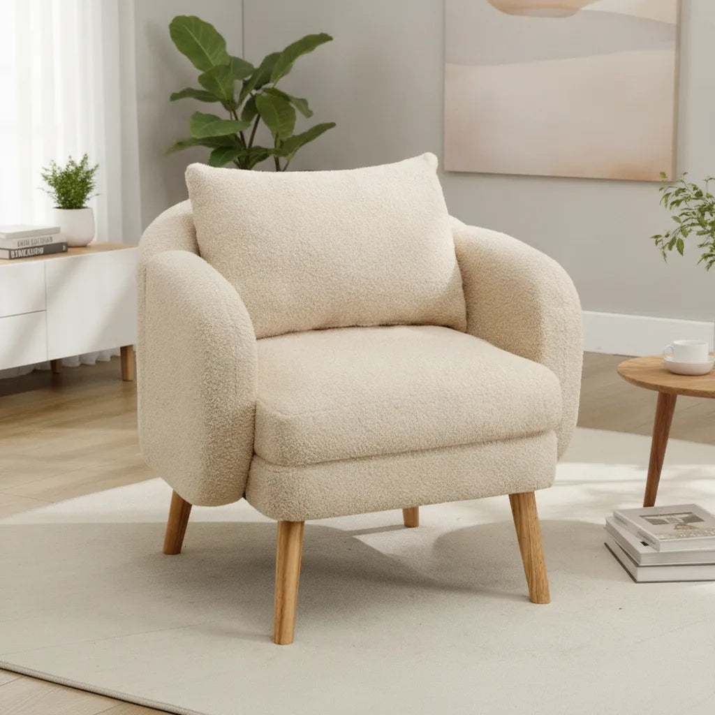 Fauteuil teddy beige lin avec coussin de dossier dans un salon