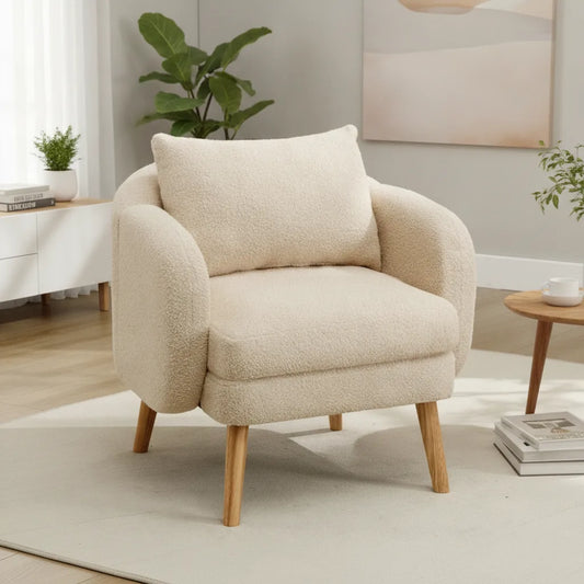 Fauteuil teddy beige lin avec coussin de dossier dans un salon