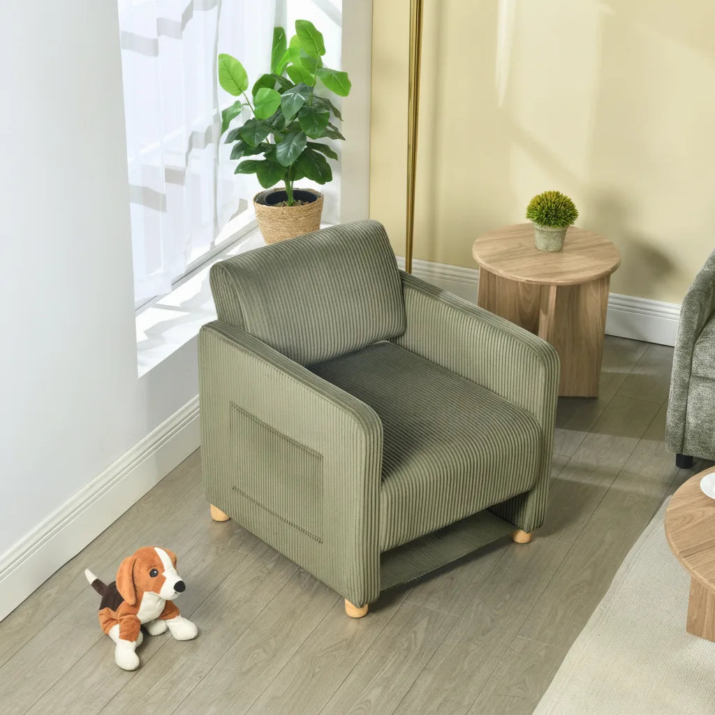 Fauteuil velours côtelé vert olive près d'une fenêtre