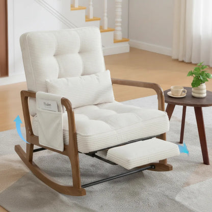 Fauteuil en bois salon à bascule avec repose-pieds extensible et coussin lombaire