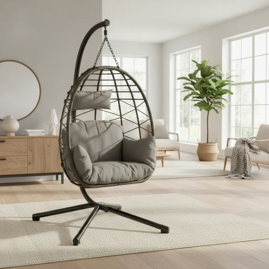 Fauteuil cocon suspendu Batz avec pied en acier dans un séjour lumineux