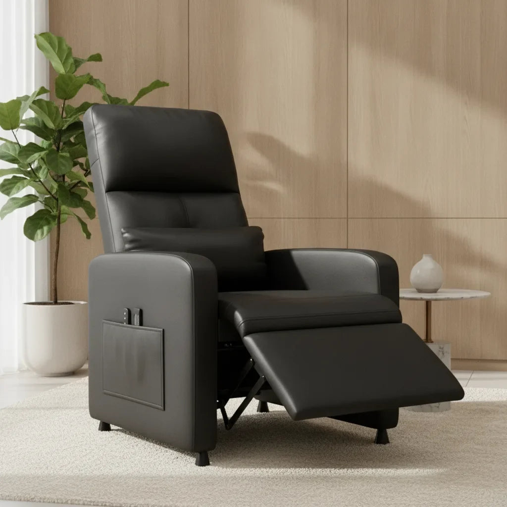 Fauteuil relax chauffant massant Saint-Lunaire en simili cuir noir charbon dans un salon
