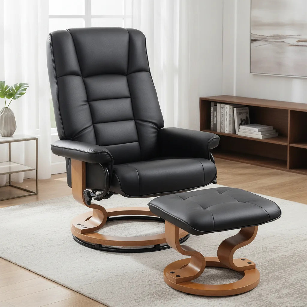 Fauteuil avec pouf Erquy en simili cuir noir dans un salon lumineux