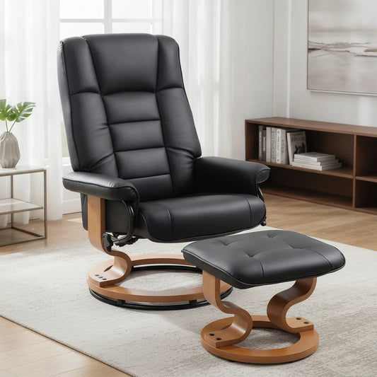 Fauteuil avec pouf Erquy en simili cuir noir dans un salon lumineux