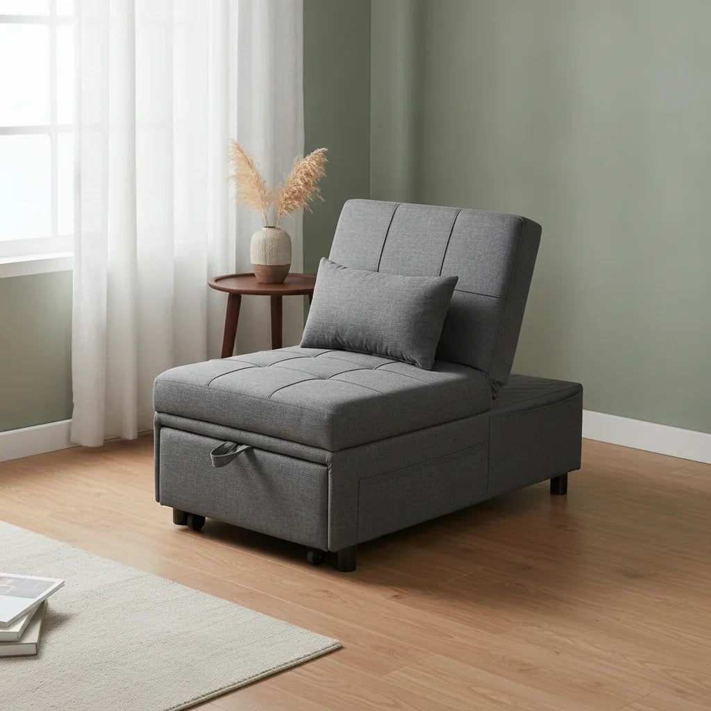 Chauffeuse lit 1 place Houat gris anthracite en position fauteuil dans un salon
