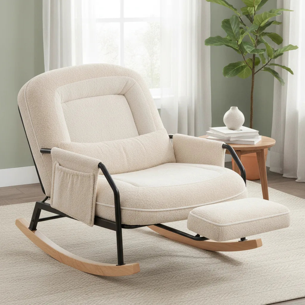 Fauteuil à bascule inclinable en fausse fourrure près d'une fenêtre et d'une plante