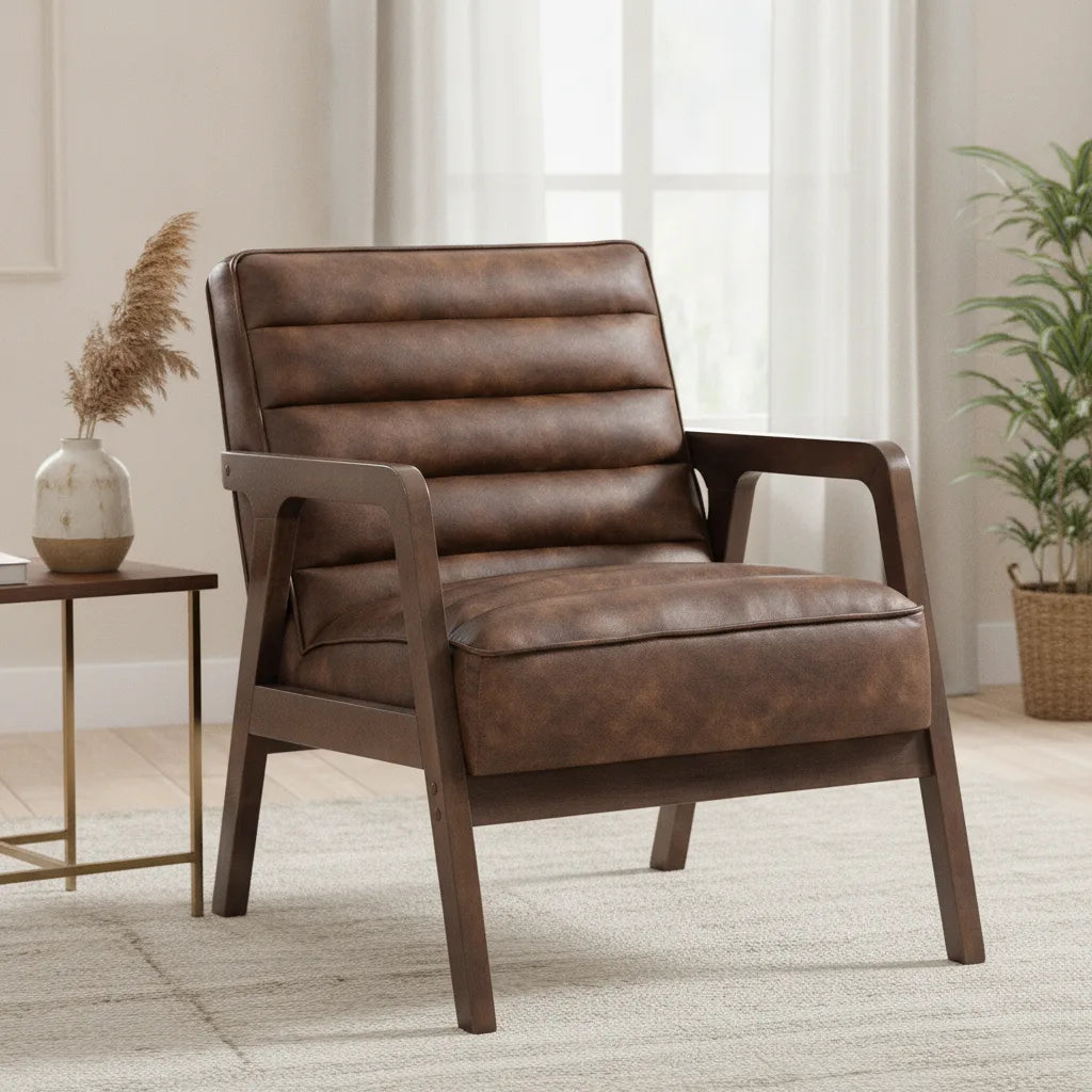Fauteuil cuir marron vintage cadre bois dans un salon lumineux