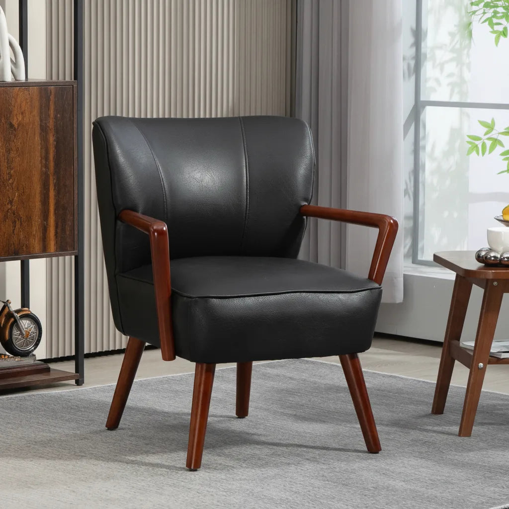 Fauteuil design cuir Lorient noir accoudoirs bois acajou dans un salon