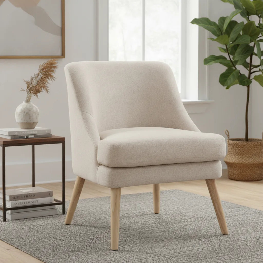Petit fauteuil scandinave Paimpol beige lin dans un salon lumineux avec plante