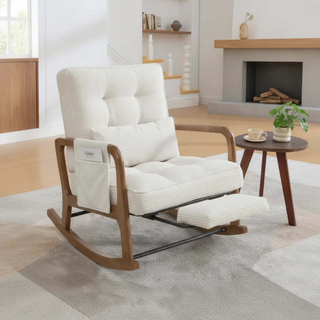 Fauteuil en bois salon en velours côtelé beige devant une cheminée