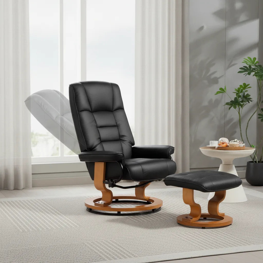 Fauteuil avec pouf Erquy dossier incliné près d'une fenêtre