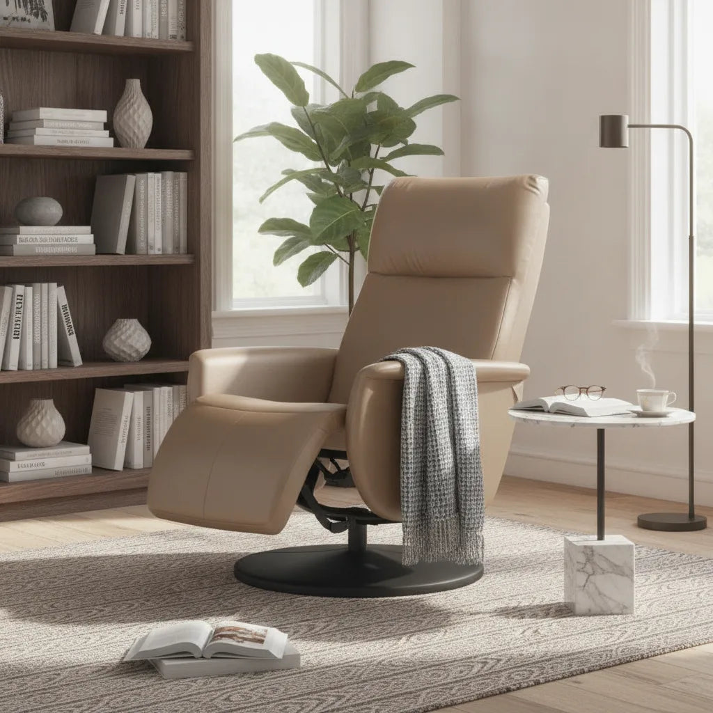 Fauteuil inclinable cuir coloris cappuccino avec plaid devant une bibliothèque