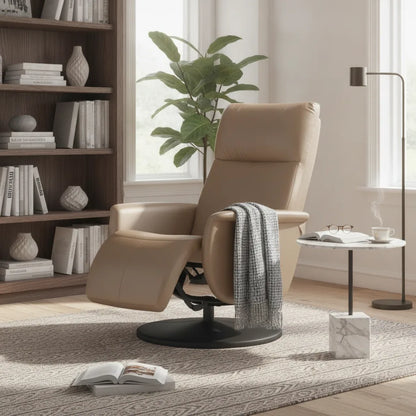 Fauteuil inclinable cuir coloris cappuccino avec plaid devant une bibliothèque